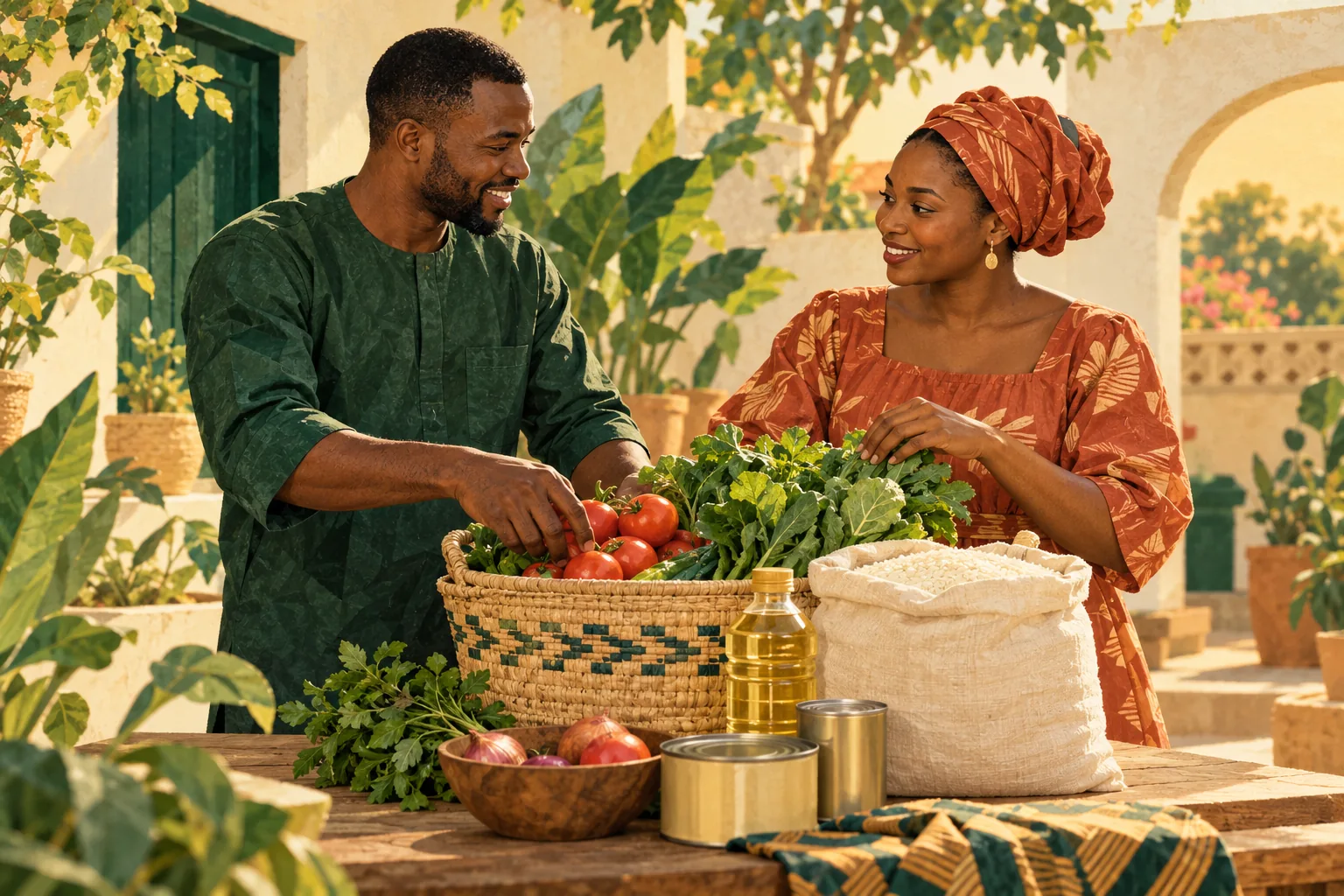 AI-generated illustration of two neighbors arranging fresh food and everyday essentials